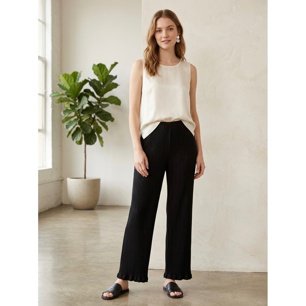 Eileen Fisher Black Ribbed Tencel Lyocell Wide Leg Pants F19DSF Medium